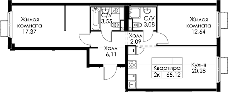 2-комнатная квартира 65.12 м², 6/15 эт., ЖК «Янинский лес»